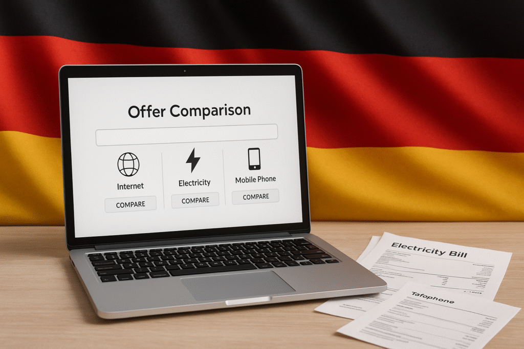 Porównanie ofert internetu, prądu i telefonów w Niemczech na ekranie laptopa