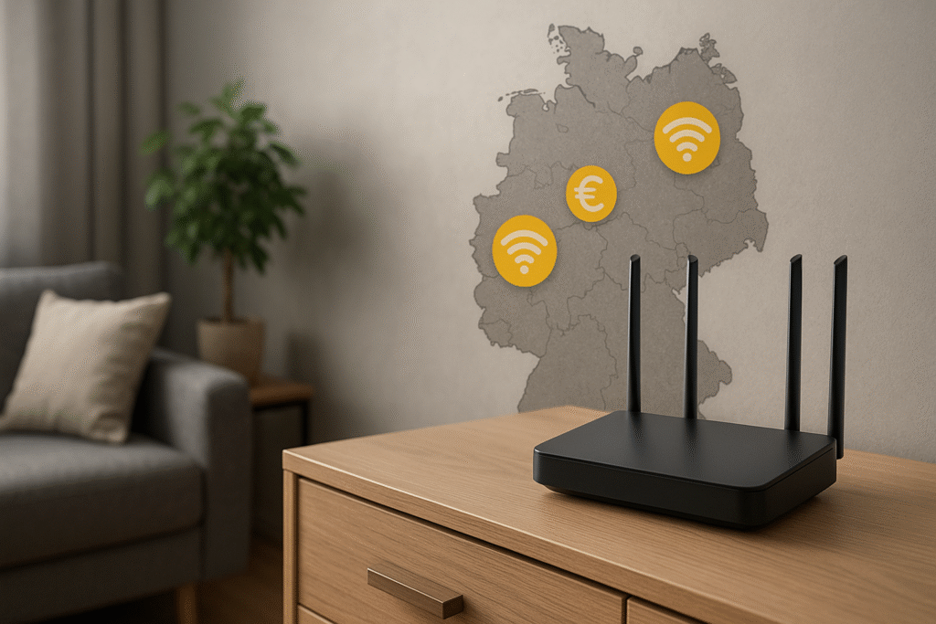 Router WiFi i mapa Niemiec symbolizujące wybór internetu domowego