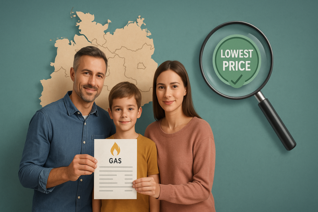 Polska rodzina porównująca oferty gazu w Niemczech na mapie