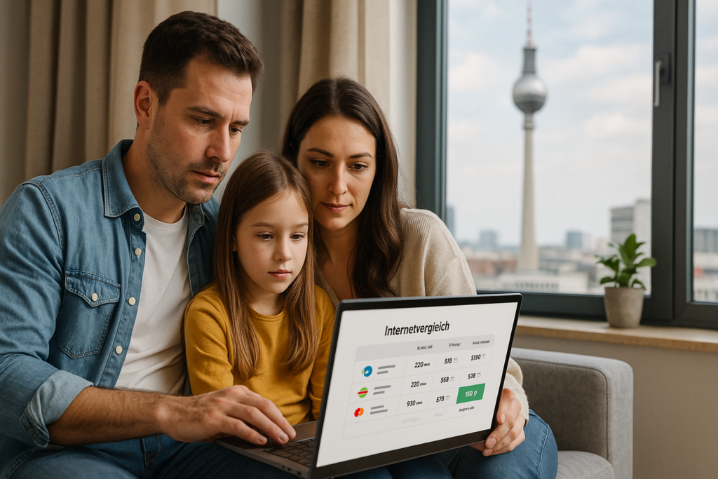 Polska rodzina w Niemczech szukająca taniego internetu domowego na laptopie