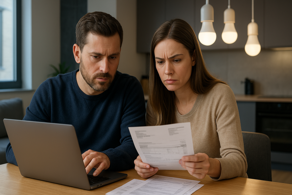 Rodzina z Polski w niemieckim mieszkaniu analizuje rachunek za prąd przy stole