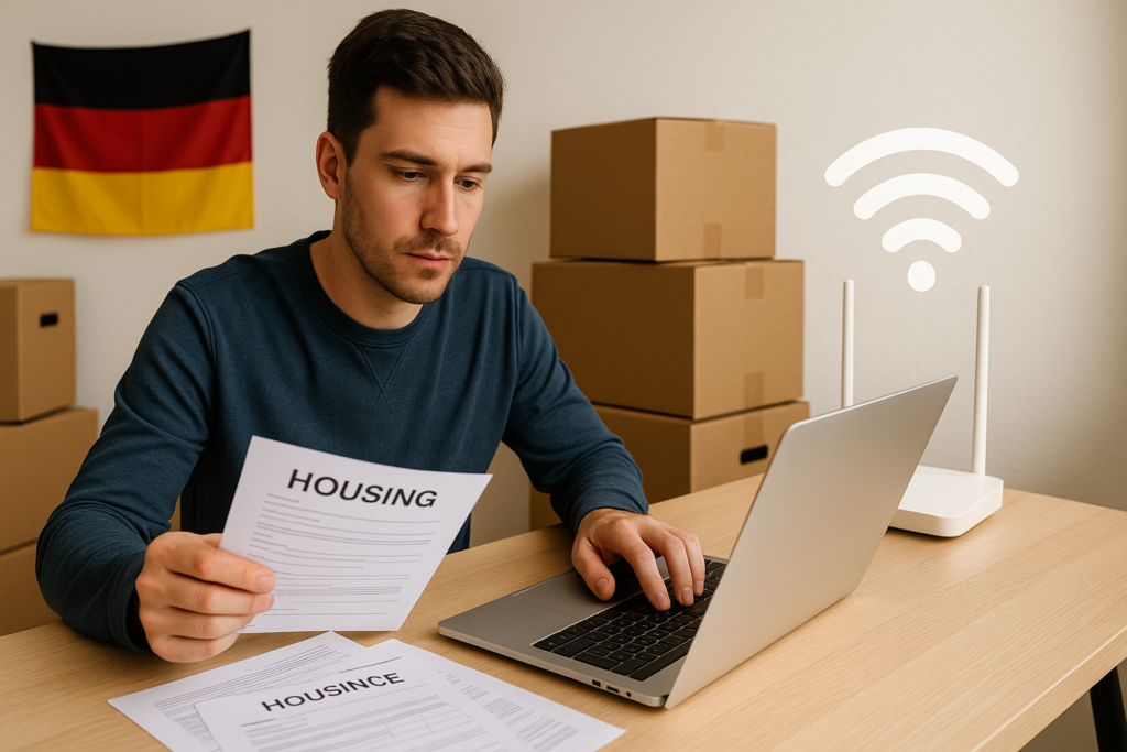 Osoba po przeprowadzce do Niemiec sprawdza opcje internetu bez meldunku przy laptopie i dokumentach
