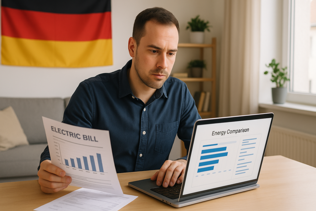 Osoba porównująca oferty prądu w Niemczech na laptopie z rachunkiem za energię na stole